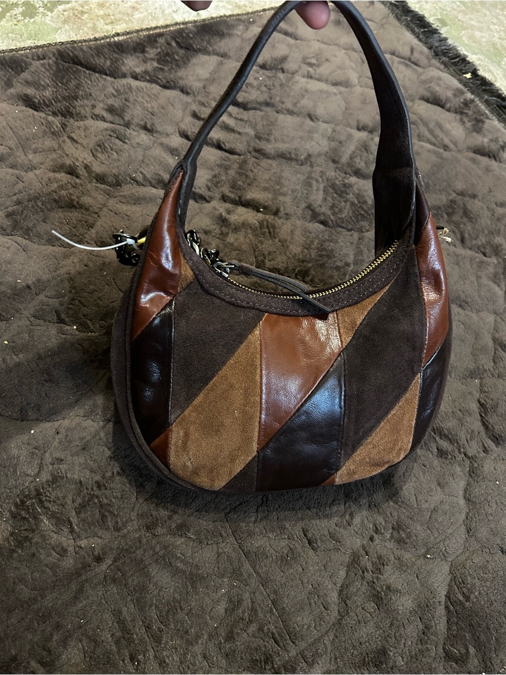 Patchwork Leather & Suede Hobo Bag - Brown